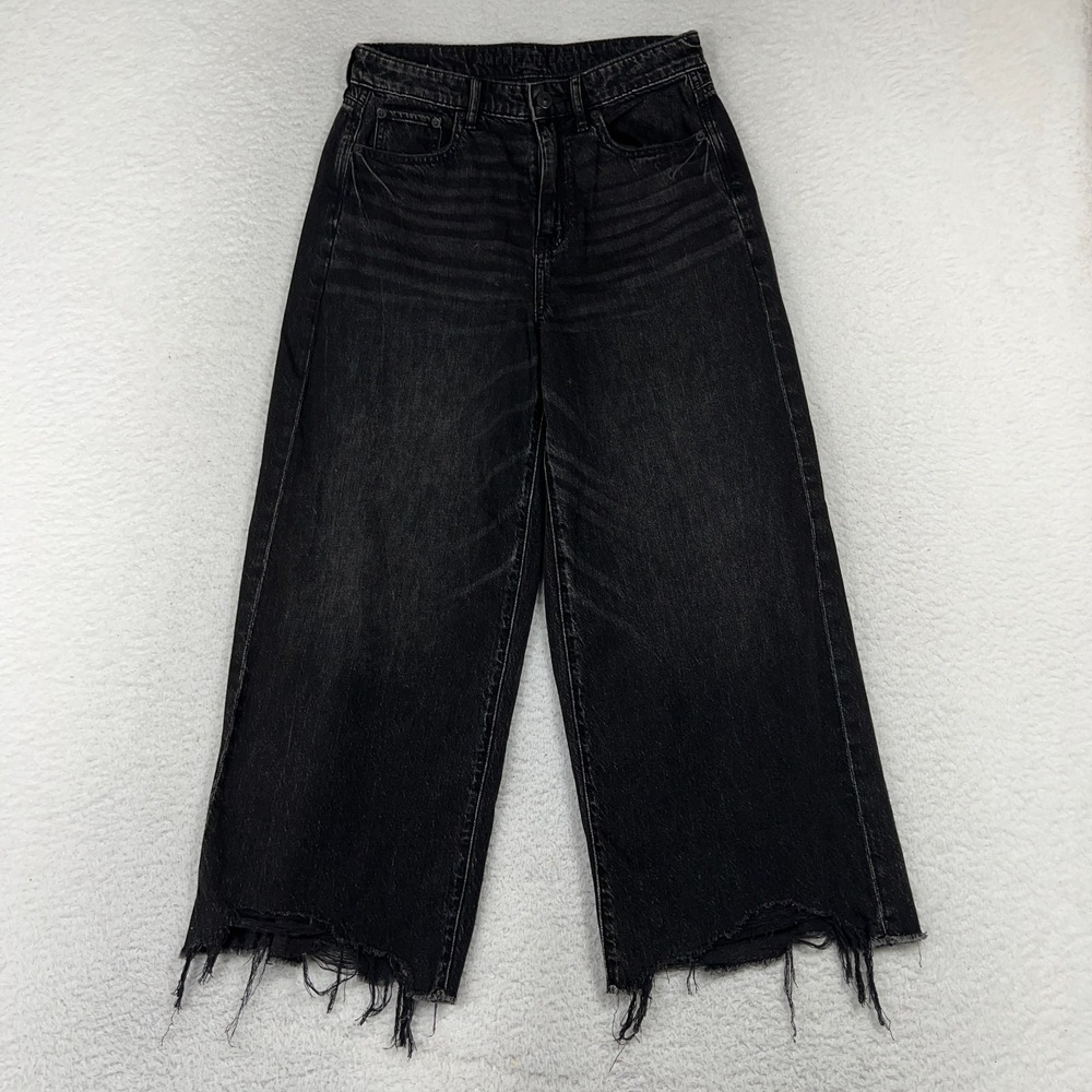 American Eagle Pants Womens 4 Black Baggy Wide Leg Crop Cut Off Denim 27.5x24